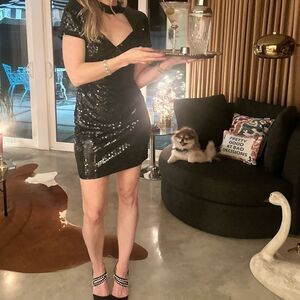 Vintage 90’s black Cache sequin mini cocktail dress high neck 8